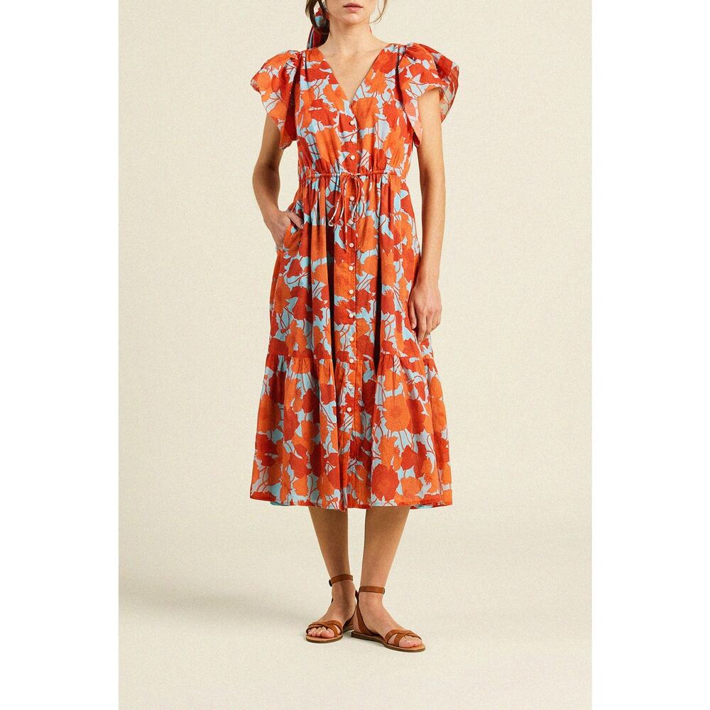 TROVATA Birds of Paradis Sz M Medium Kristine Dress Shoreline Poppy Midi Cotton